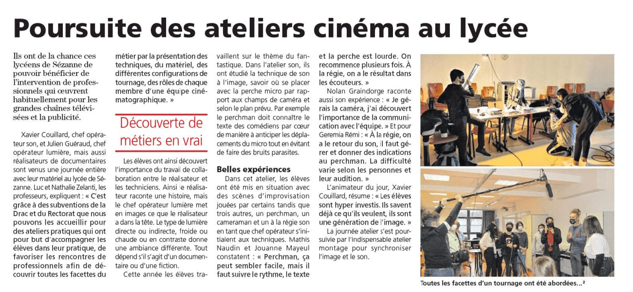 Article ateliers cinéma lumière et son 2021 2022