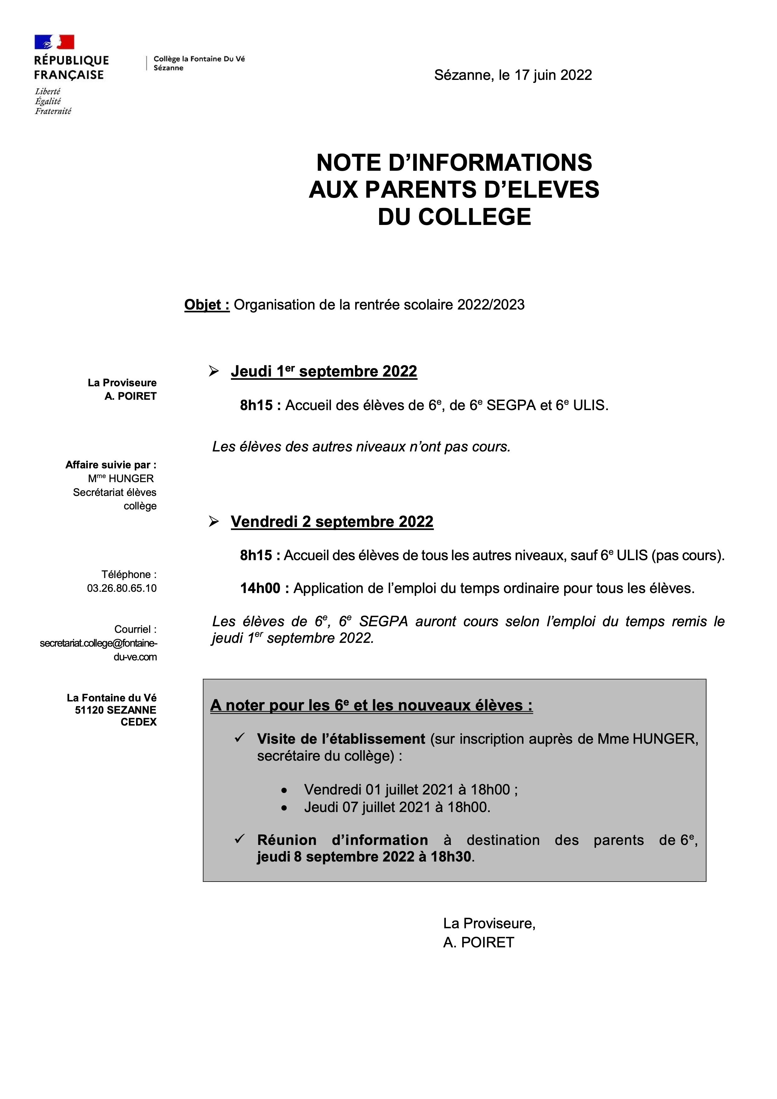 Note information famille rentrée 2022 2023